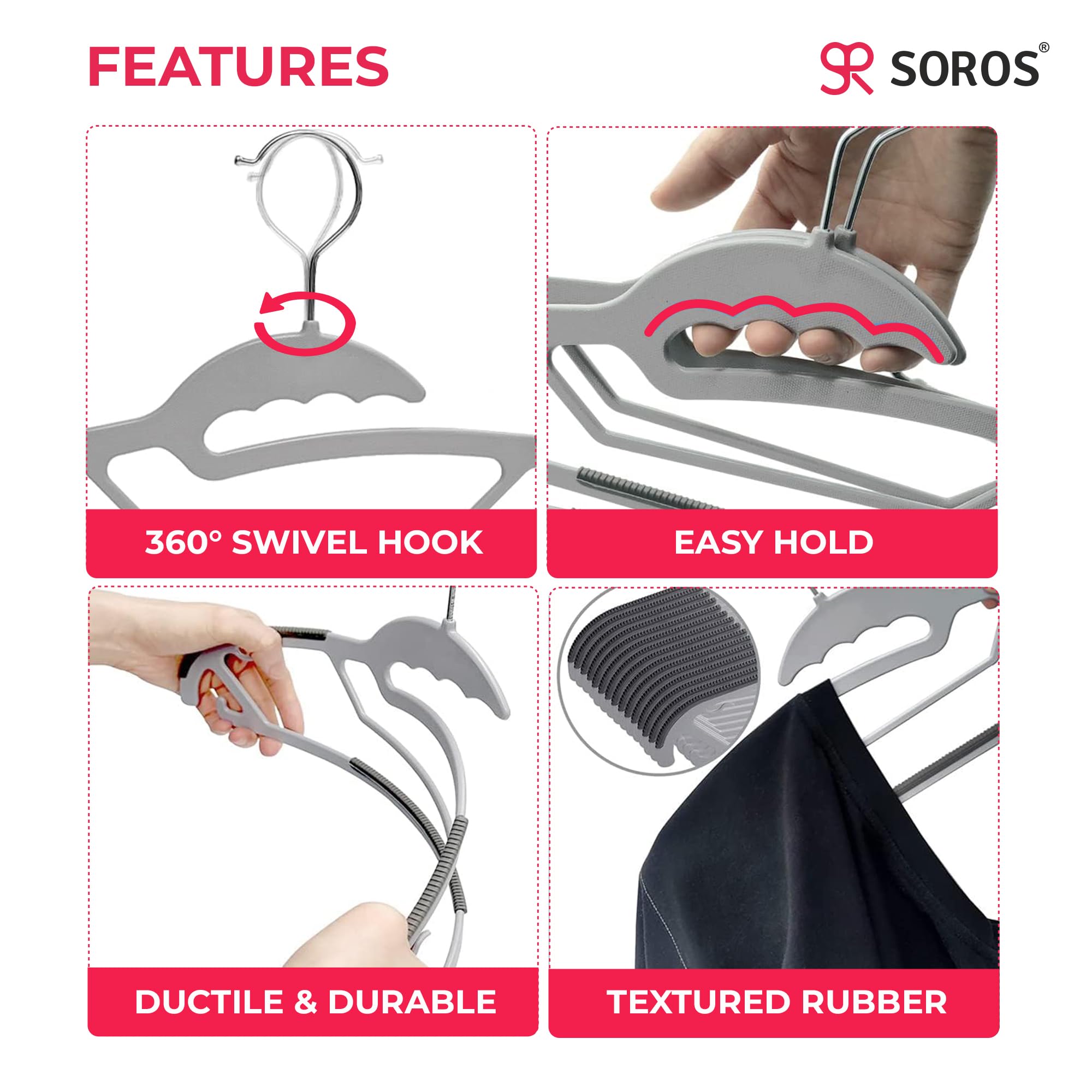 Soros Clothes Hangers (Pack Of 10) With Non-Slip Pads, Space Saving, 6 Mm Thickness, Super Lightweight Organizer, Clothes Hanger